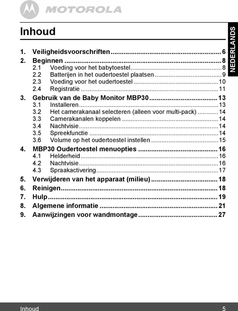 ..14 3.4 Nachtvisie...14 3.5 Spreekfunctie...14 3.6 Volume op het oudertoestel instellen...15 4. MBP30 Oudertoestel menuopties... 16 4.1 Helderheid...16 4.2 Nachtvisie...16 4.3 Spraakactivering.