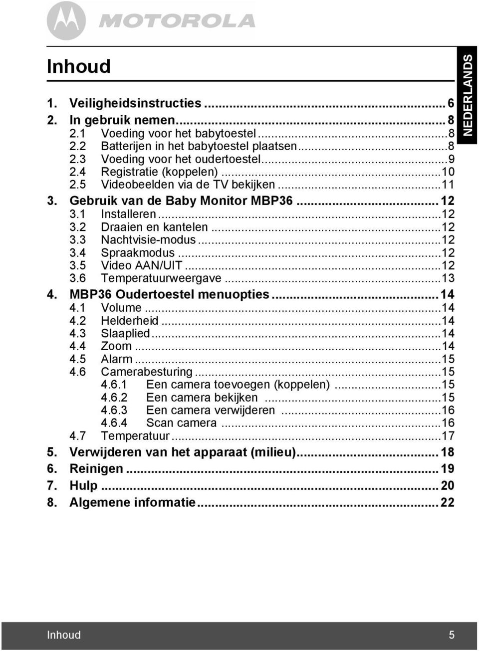 ..12 3.5 Video AAN/UIT...12 3.6 Temperatuurweergave...13 4. MBP36 Oudertoestel menuopties... 14 4.1 Volume...14 4.2 Helderheid...14 4.3 Slaaplied...14 4.4 Zoom...14 4.5 Alarm...15 4.6 Camerabesturing.