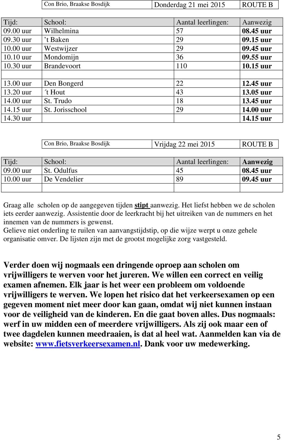 00 uur 14.30 uur 14.15 uur Con Brio, Braakse Bosdijk Vrijdag 22 mei 2015 ROUTE B Tijd: School: Aantal leerlingen: Aanwezig 09.00 uur St. Odulfus 45 08.45 uur 10.00 uur De Vendelier 89 09.