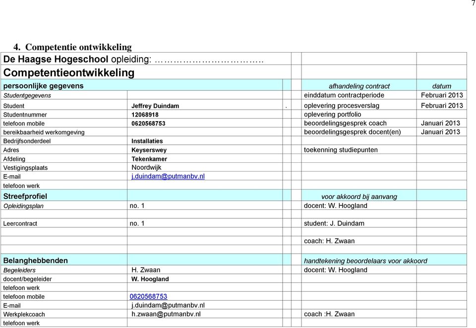 oplevering procesverslag Februari 2013 Studentnummer 12068918 oplevering portfolio telefoon mobile 0620568753 beoordelingsgesprek coach Januari 2013 bereikbaarheid werkomgeving beoordelingsgesprek