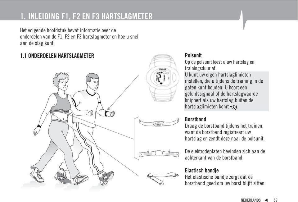 U hoort een geluidssignaal of de hartslagwaarde knippert als uw hartslag buiten de hartslaglimieten komt.