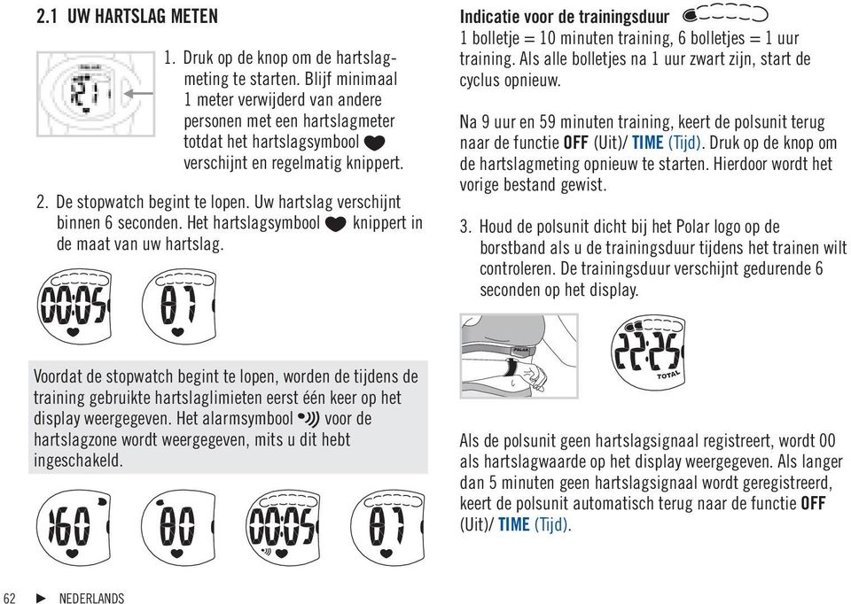 Uw hartslag verschijnt binnen 6 seconden. Het hartslagsymbool knippert in de maat van uw hartslag. Indicatie voor de trainingsduur 1 bolletje = 10 minuten training, 6 bolletjes = 1 uur training.