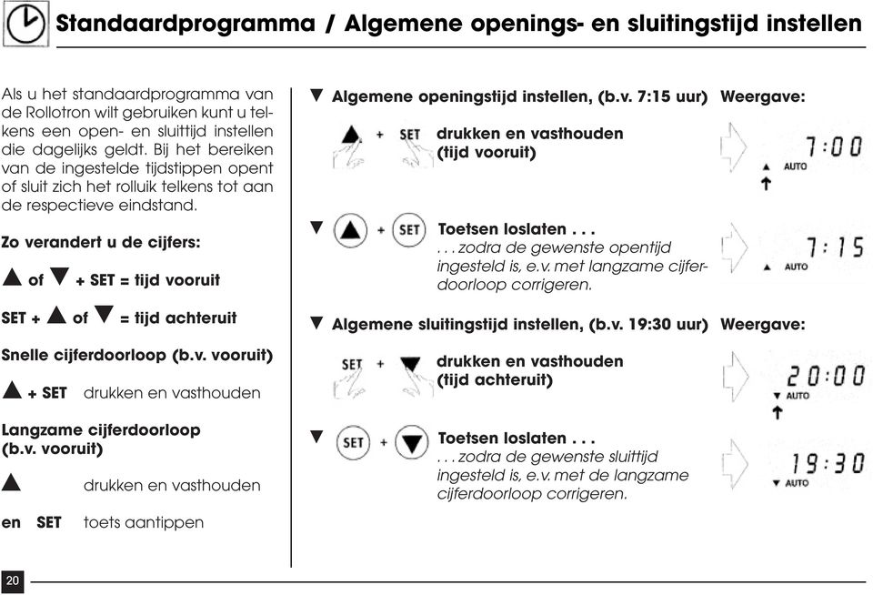 Zo verandert u de cijfers: of + SET = tijd vooruit Algemene openingstijd instellen, (b.v. 7:15 uur) drukken en vasthouden (tijd vooruit) Toetsen loslaten......zodra de gewenste opentijd ingesteld is, e.