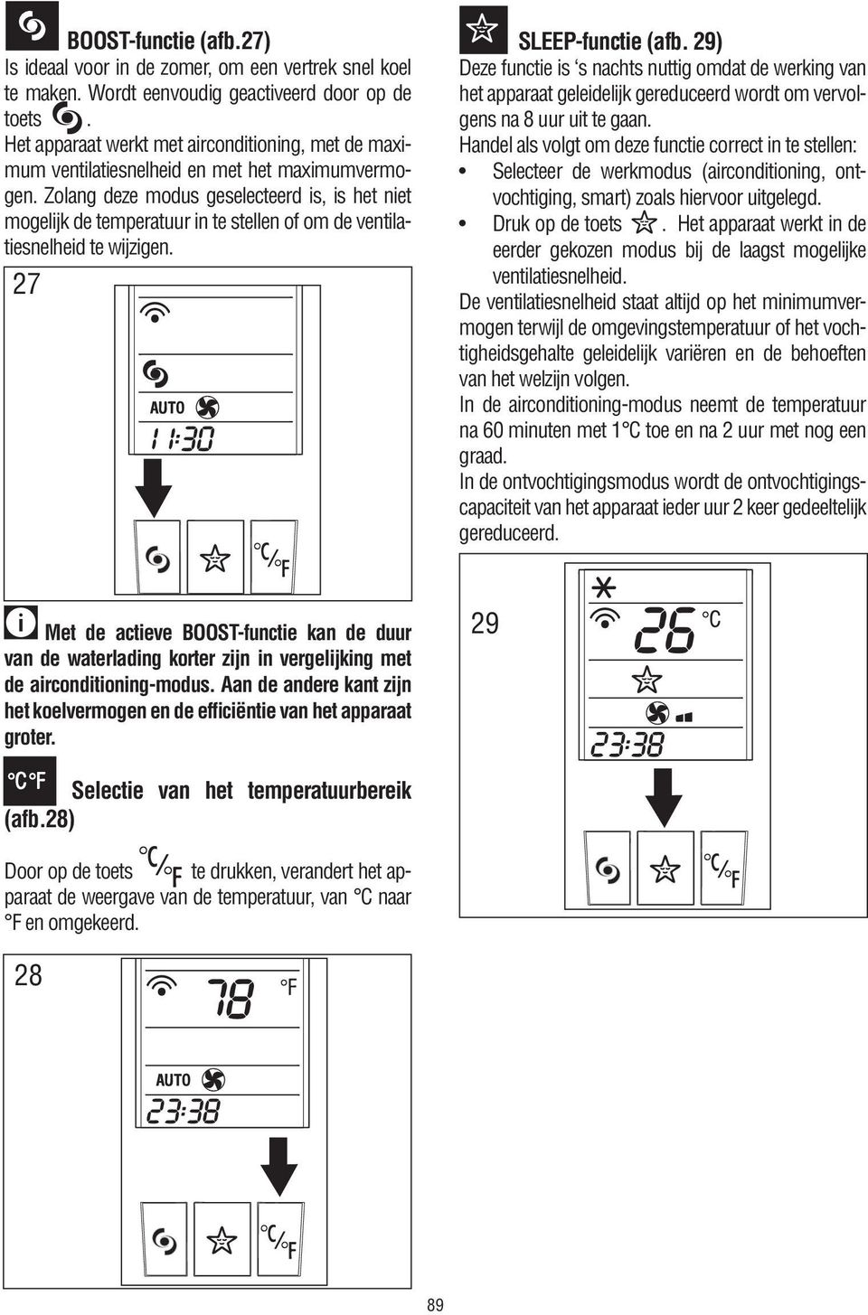 Zolang deze modus geselecteerd is, is het niet mogelijk de temperatuur in te stellen of om de ventilatiesnelheid te wijzigen. 27 SLEEP-functie (afb.