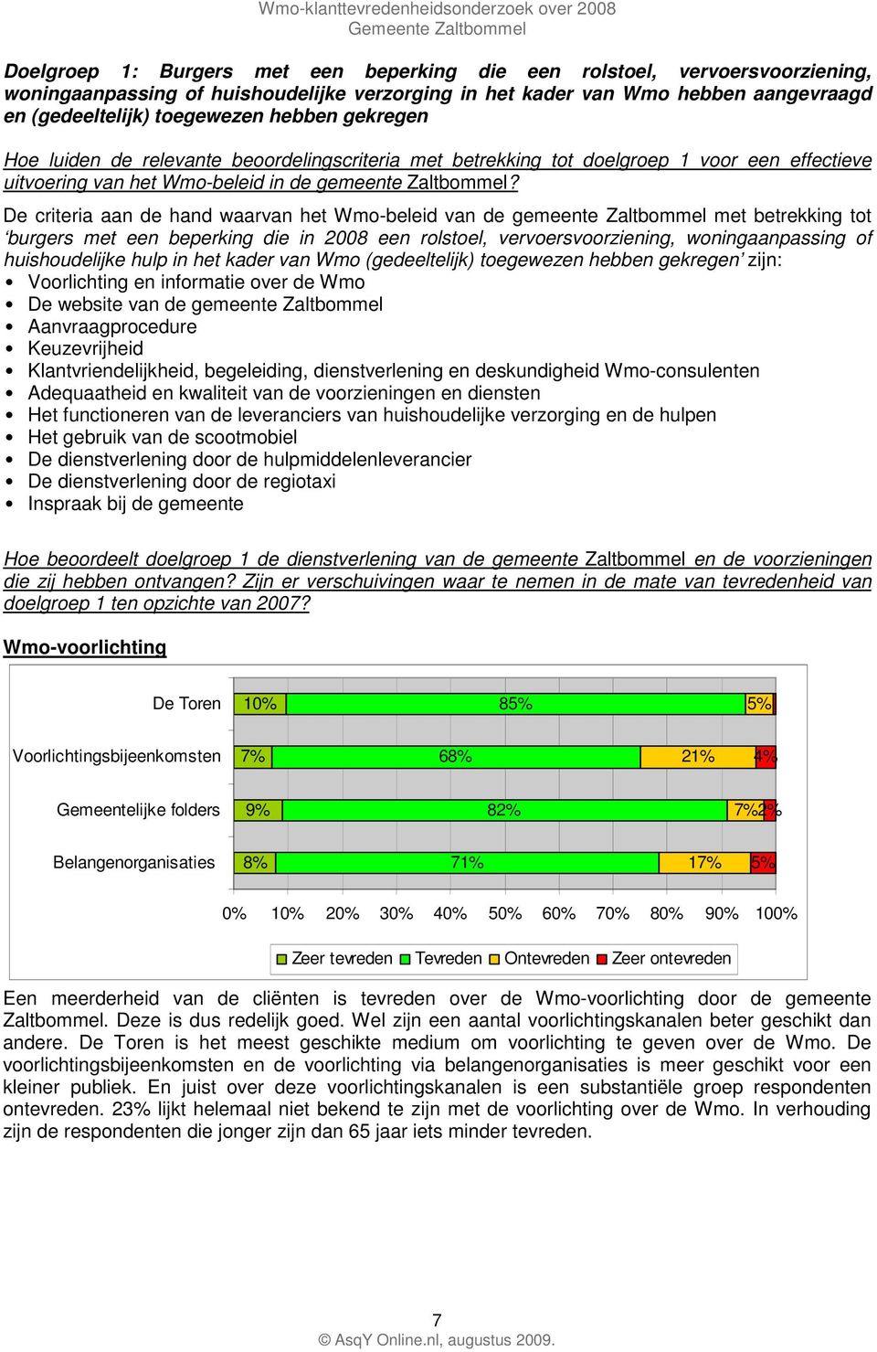 De criteria aan de hand waarvan het Wmo-beleid van de gemeente Zaltbommel met betrekking tot burgers met een beperking die in 2008 een rolstoel, vervoersvoorziening, woningaanpassing of