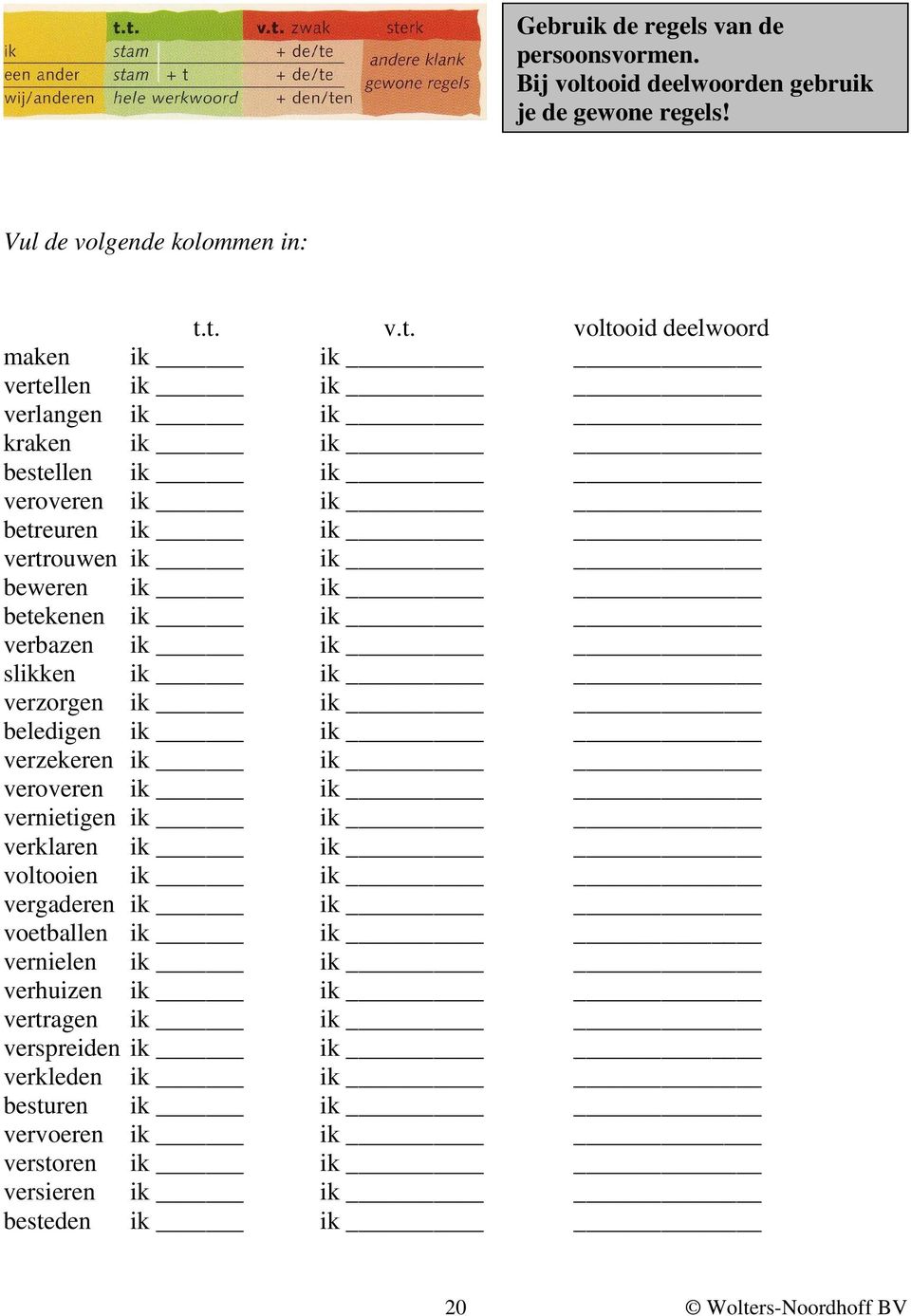 t. v.t. voltooid deelwoord maken ik ik vertellen ik ik verlangen ik ik kraken ik ik bestellen ik ik veroveren ik ik betreuren ik ik vertrouwen ik ik beweren ik