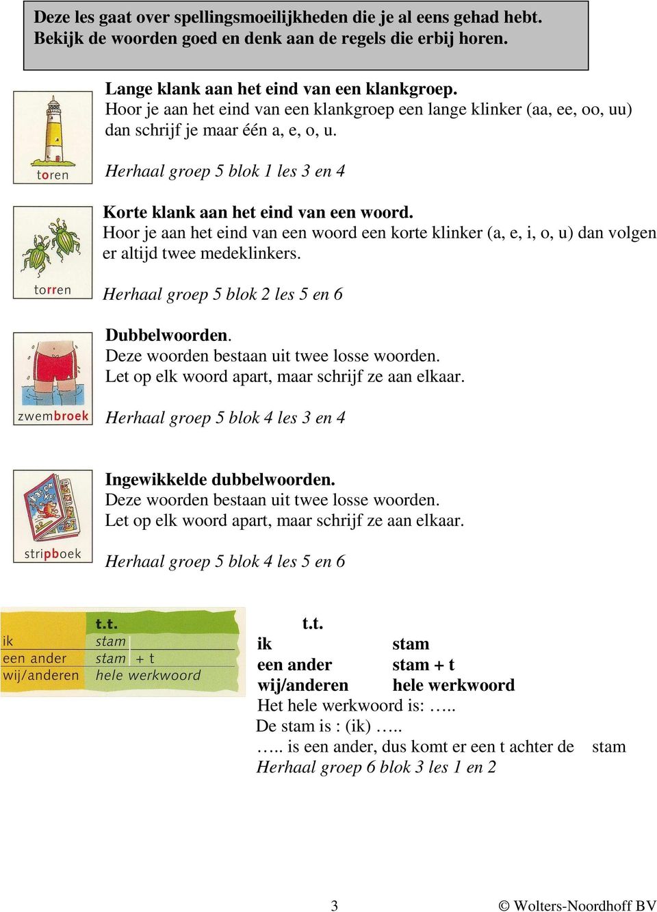 Hoor je aan het eind van een woord een korte klinker (a, e, i, o, u) dan volgen er altijd twee medeklinkers. Herhaal groep 5 blok 2 les 5 en 6 Dubbelwoorden.