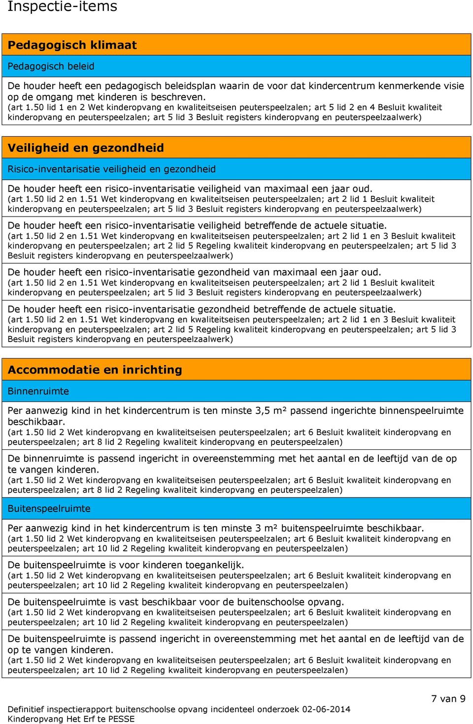 peuterspeelzaalwerk) Veiligheid en gezondheid Risico-inventarisatie veiligheid en gezondheid De houder heeft een risico-inventarisatie veiligheid van maximaal een jaar oud. (art 1.50 lid 2 en 1.