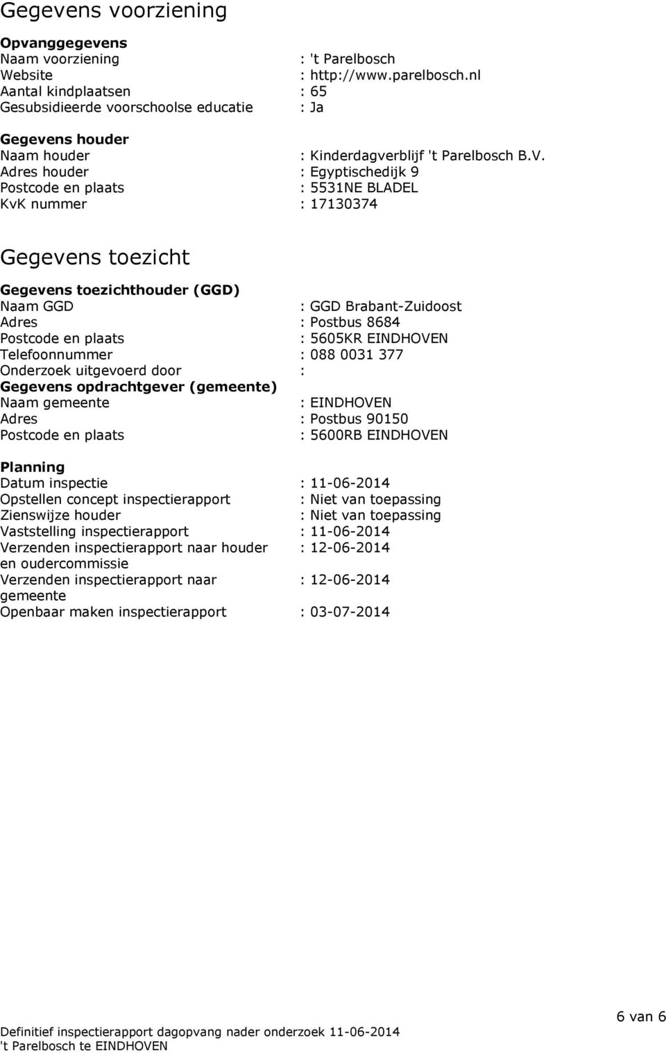 Adres houder : Egyptischedijk 9 Postcode en plaats : 5531NE BLADEL KvK nummer : 17130374 Gegevens toezicht Gegevens toezichthouder (GGD) Naam GGD : GGD Brabant-Zuidoost Adres : Postbus 8684 Postcode