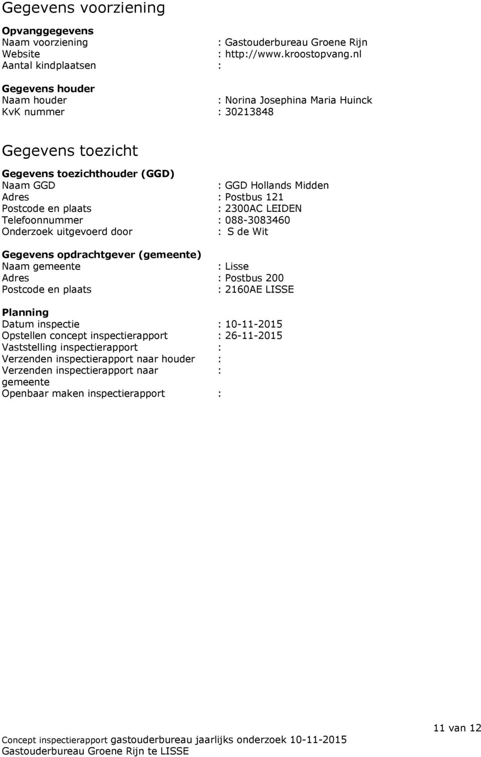 Postbus 121 Postcode en plaats : 2300AC LEIDEN Telefoonnummer : 088-3083460 Onderzoek uitgevoerd door : S de Wit Gegevens opdrachtgever (gemeente) Naam gemeente : Lisse Adres : Postbus 200