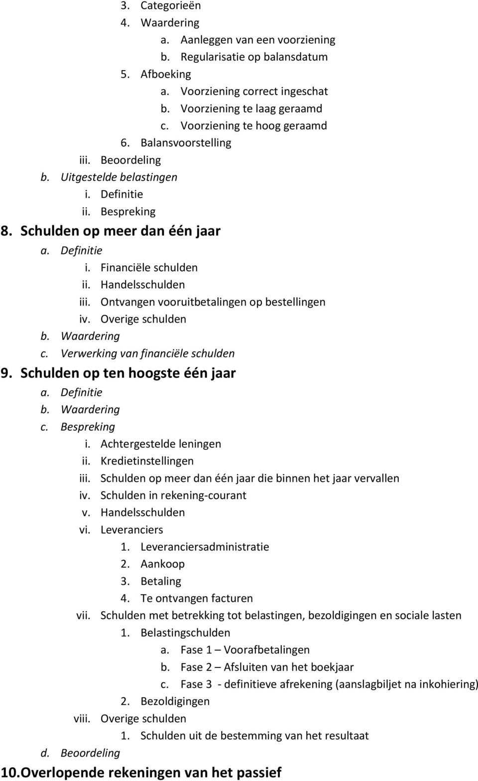 Handelsschulden iii. Ontvangen vooruitbetalingen op bestellingen iv. Overige schulden b. Waardering c. Verwerking van financiële schulden 9. Schulden op ten hoogste één jaar b. Waardering c. Bespreking i.