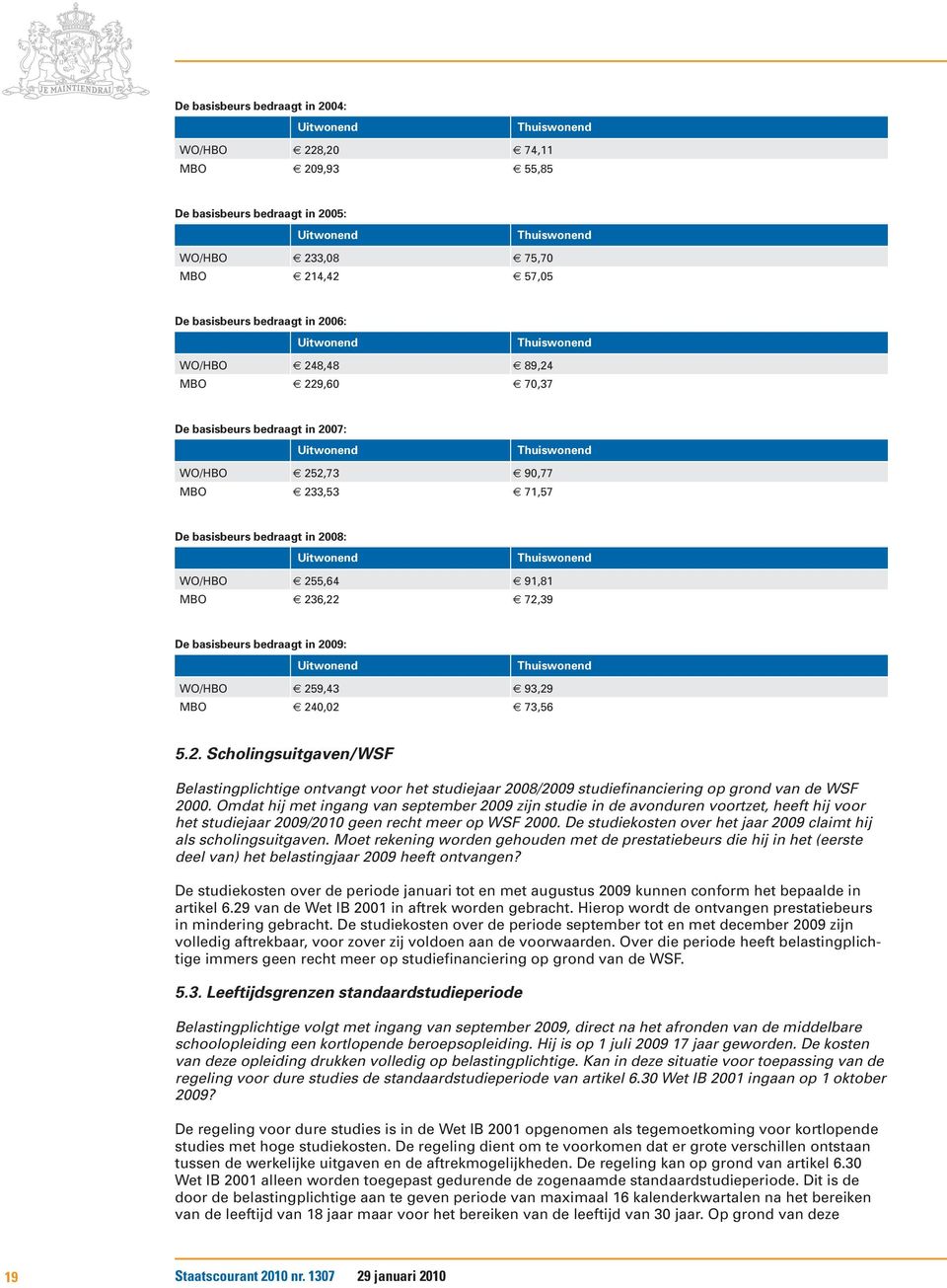 Uitwonend Thuiswonend WO/HBO 255,64 91,81 MBO 236,22 72,39 De basisbeurs bedraagt in 2009: Uitwonend Thuiswonend WO/HBO 259,43 93,29 MBO 240,02 73,56 5.2. Scholingsuitgaven/WSF Belastingplichtige ontvangt voor het studiejaar 2008/2009 studiefinanciering op grond van de WSF 2000.