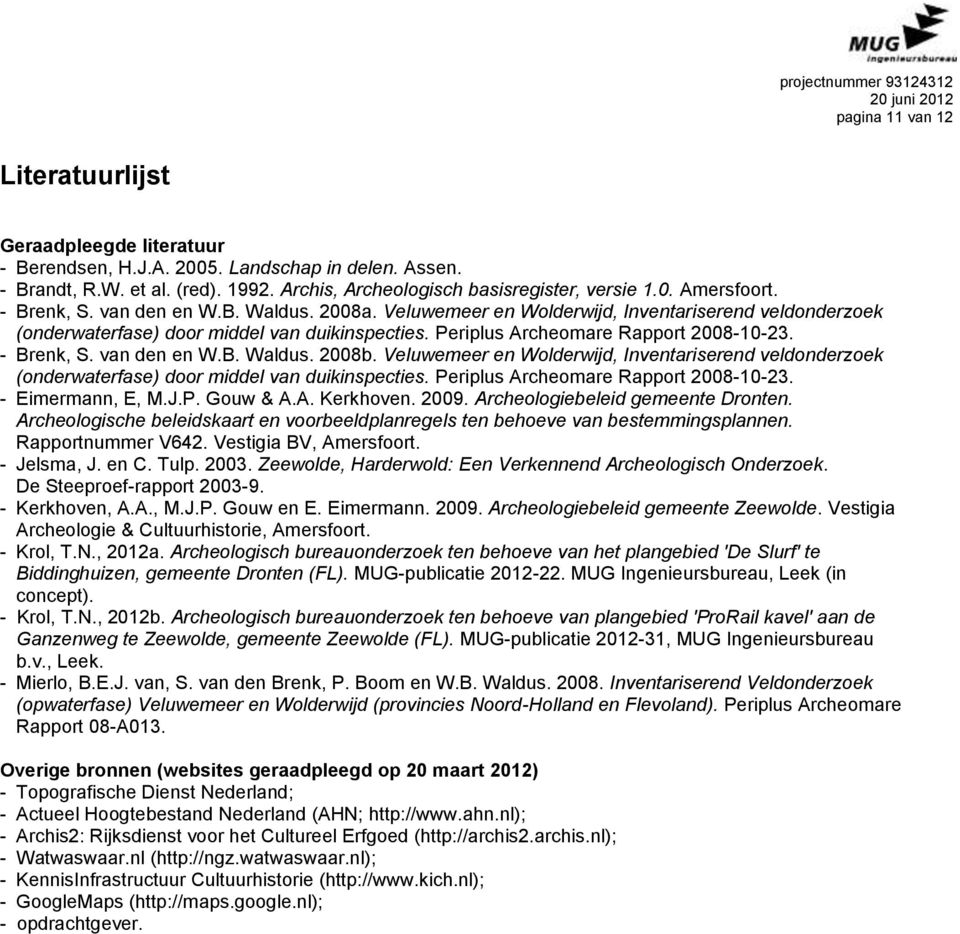 Veluwemeer en Wolderwijd, Inventariserend veldonderzoek (onderwaterfase) door middel van duikinspecties. Periplus Archeomare Rapport 2008-10-23. - Brenk, S. van den en W.B. Waldus. 2008b.