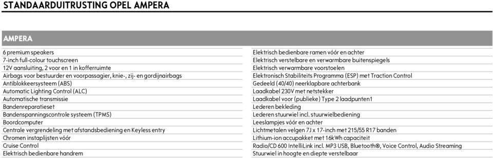 Traction Control Antiblokkeersysteem (ABS) Gedeeld (40/40) neerklapbare achterbank Automatic Lighting Control (ALC) Laadkabel 230V met netstekker Automatische transmissie Laadkabel voor (publieke)