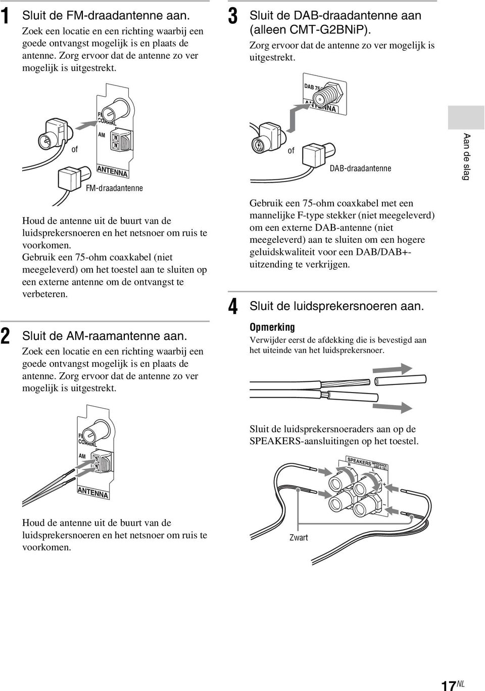 of of DAB-draadantenne Aan de slag FM-draadantenne 2 Houd de antenne uit de buurt van de luidsprekersnoeren en het netsnoer om ruis te voorkomen.