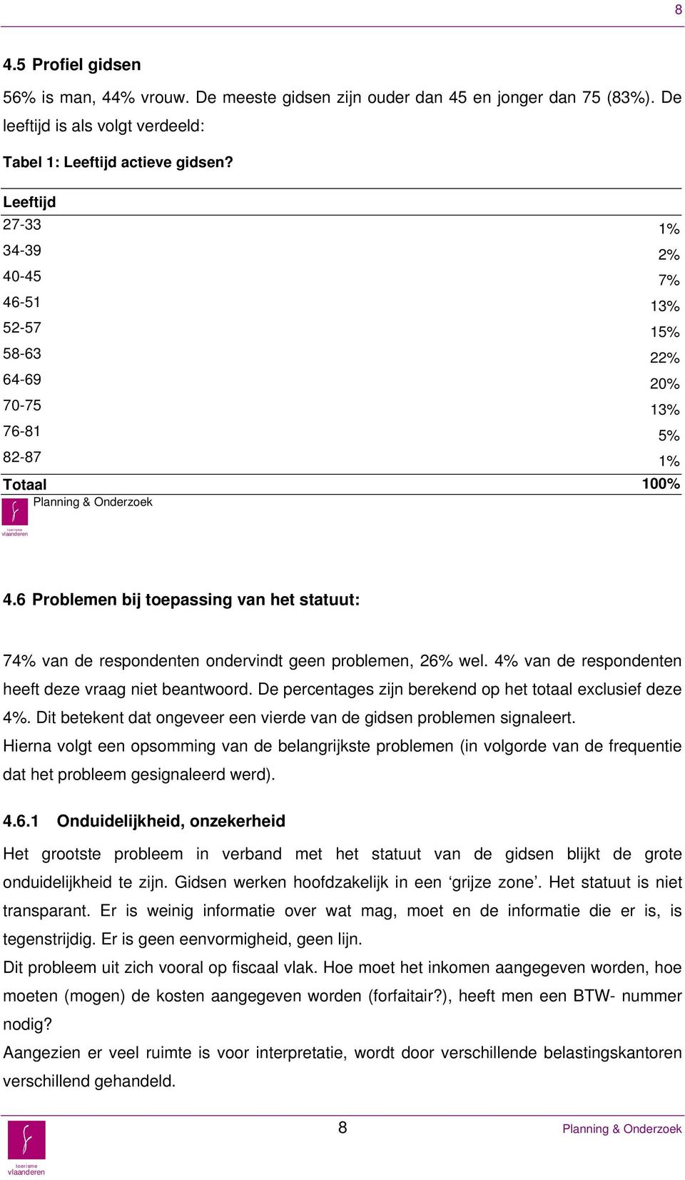 6 Problemen bij toepassing van het statuut: 74% van de respondenten ondervindt geen problemen, 26% wel. 4% van de respondenten heeft deze vraag niet beantwoord.