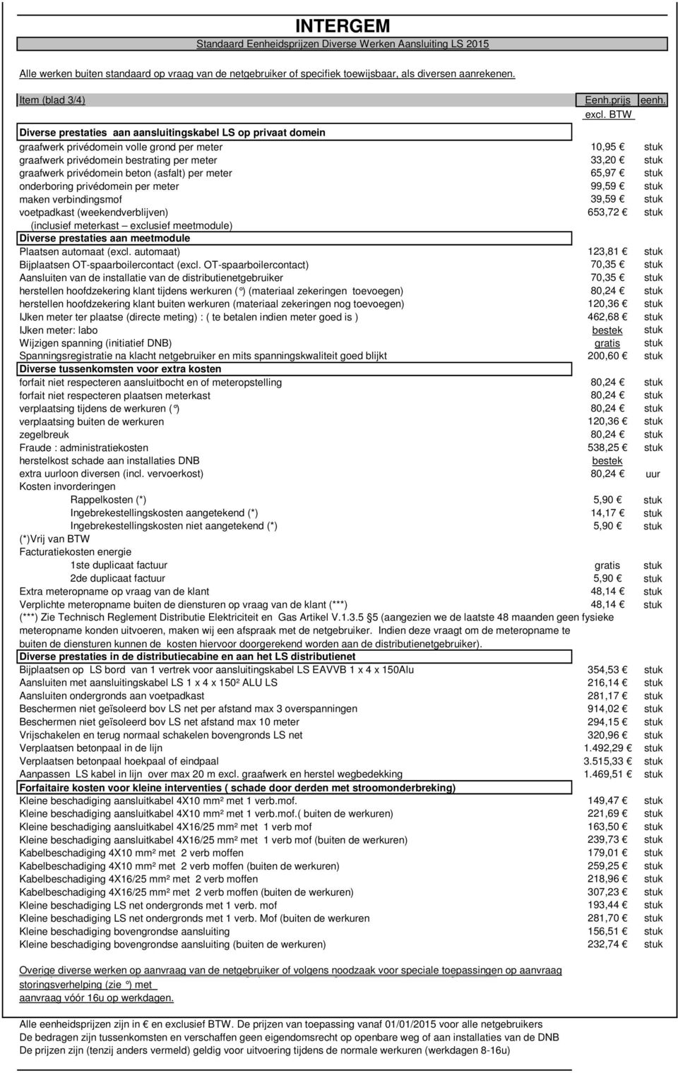 (asfalt) per meter onderboring privédomein per meter maken verbindingsmof voetpadkast (weekendverblijven) (inclusief meterkast exclusief meetmodule) Diverse prestaties aan meetmodule Plaatsen