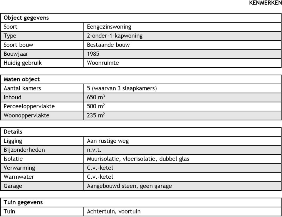 Woonoppervlakte 235 m 2 Details Ligging Bijzonderheden Isolatie Verwarming Warmwater Garage Aan rustige weg n.v.t. Muurisolatie, vloerisolatie, dubbel glas C.