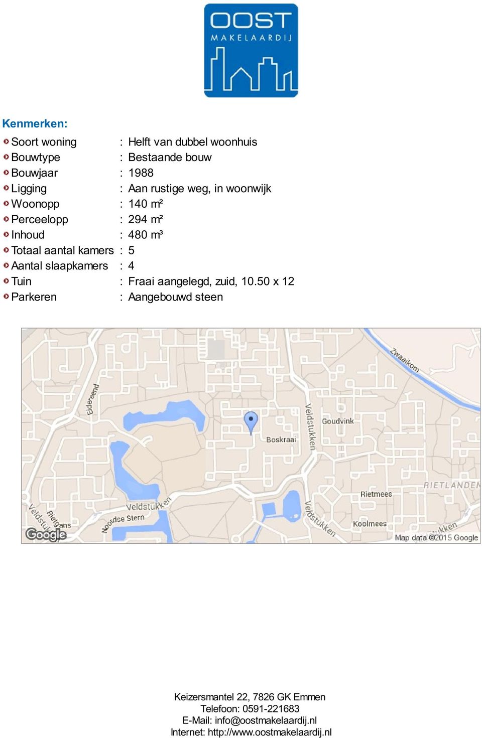 m² Perceelopp : 294 m² Inhoud : 480 m³ Totaal aantal kamers : 5 Aantal