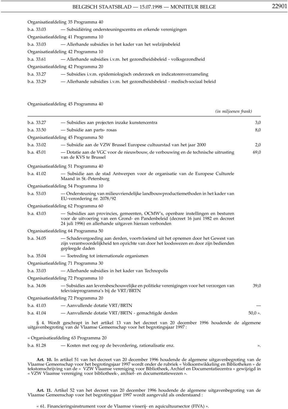 v.m. het gezondheidsbeleid - medisch-sociaal beleid Organisatieafdelg 45 Programma 40 ( miljoenen frank) b.a. 33.27 Subsidies aan projecten zake kunstencentra 3,0 b.a. 33.50 Subsidie aan parts- rosas 8,0 Organisatieafdelg 45 Programma 50 b.