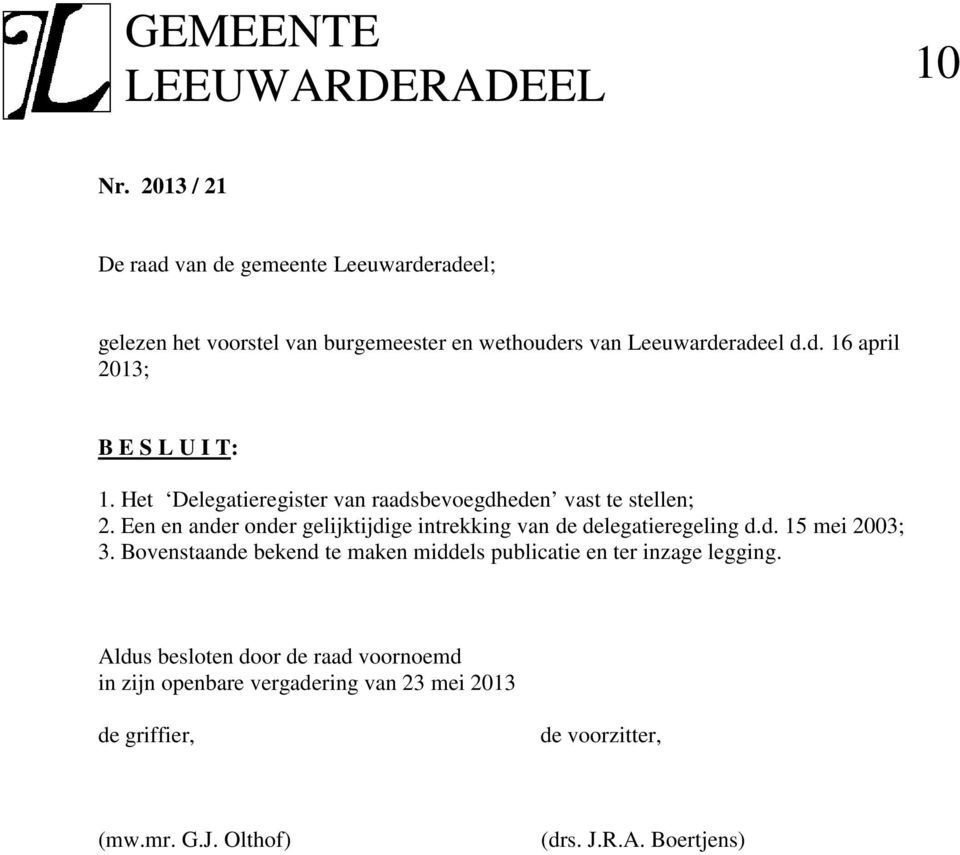 Het Delegatieregister van raadsbevoegdheden vast te stellen; 2. Een en ander onder gelijktijdige intrekking van de delegatieregeling d.d. 15 mei 2003; 3.