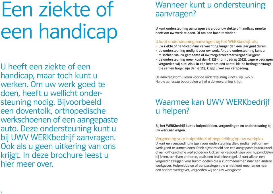 In deze brochure leest u hier meer over. Wanneer kunt u ondersteuning aanvragen? U kunt ondersteuning aanvragen als u door uw ziekte of handicap moeite heeft om uw werk te doen.