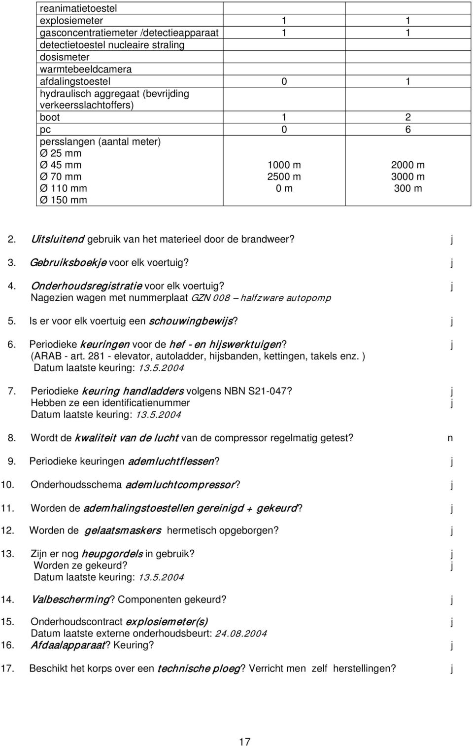 3. Gebruiksboeke voor elk voertuig? 4. Oderhoudsregistratie voor elk voertuig? Nagezie wage met ummerplaat GZN 008 halfzware autopomp 5. Is er voor elk voertuig ee schouwigbewis? 6.