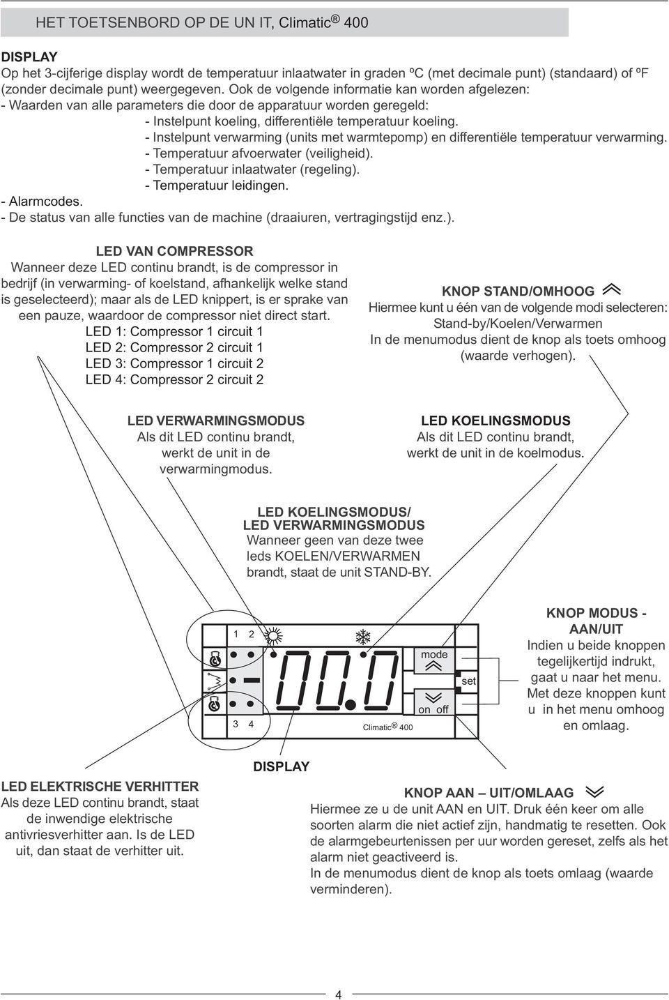 - Instelpunt verwarming (units met warmtepomp) en differentiële temperatuur verwarming. - Temperatuur afvoerwater (veiligheid). - Temperatuur inlaatwater (regeling). - Temperatuur leidingen.