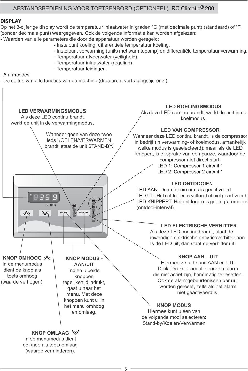 - Instelpunt verwarming (units met warmtepomp) en differentiële temperatuur verwarming. - Temperatuur afvoerwater (veiligheid). - Temperatuur inlaatwater (regeling). - Temperatuur leidingen.