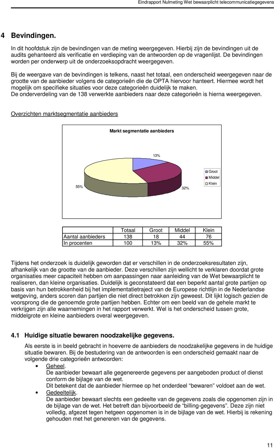 Bij de weergave van de bevindingen is telkens, naast het totaal, een onderscheid weergegeven naar de grootte van de aanbieder volgens de categorieën die de OPTA hiervoor hanteert.