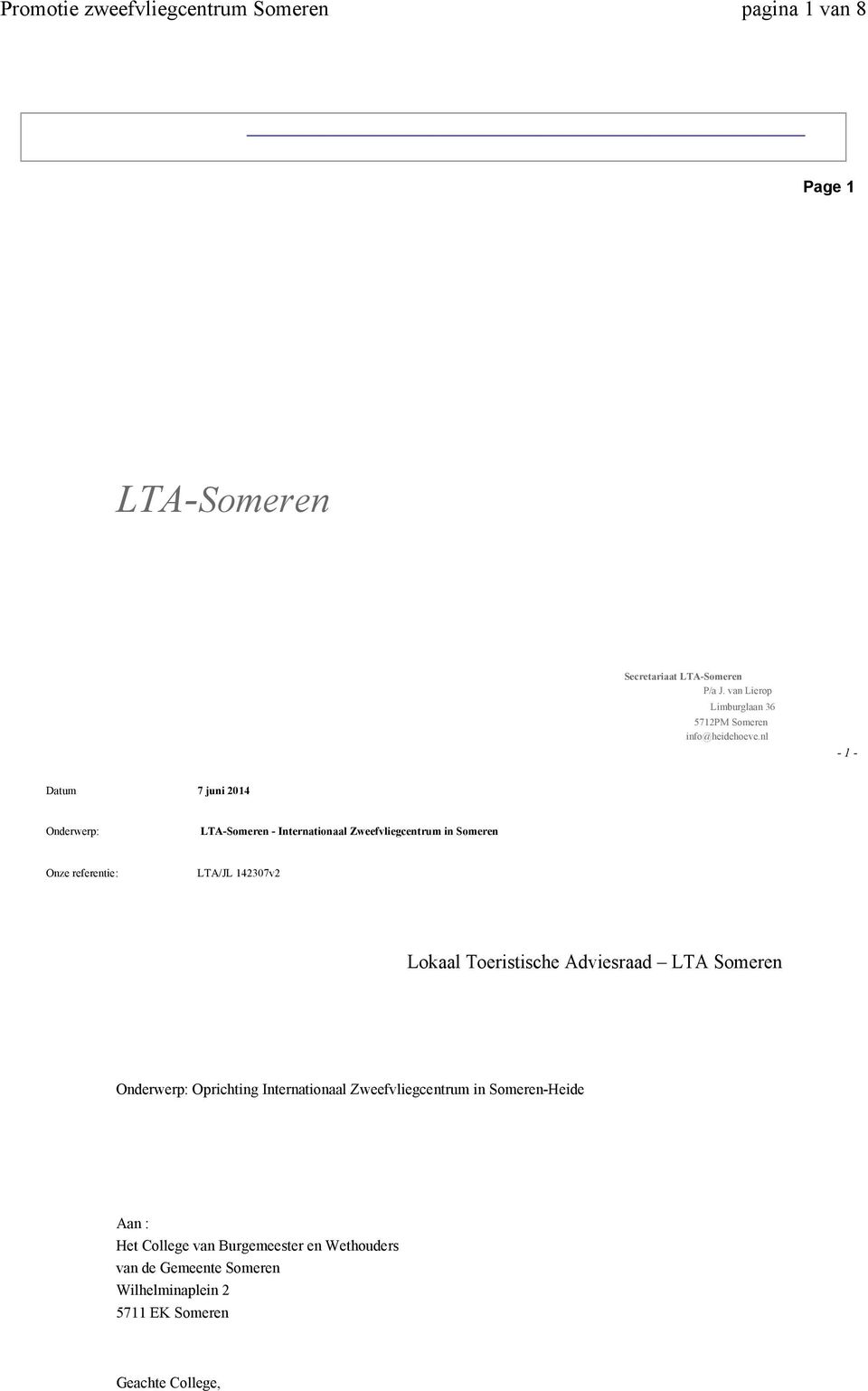 142307v2 Lokaal Toeristische Adviesraad LTA Someren Onderwerp: Oprichting Internationaal Zweefvliegcentrum in