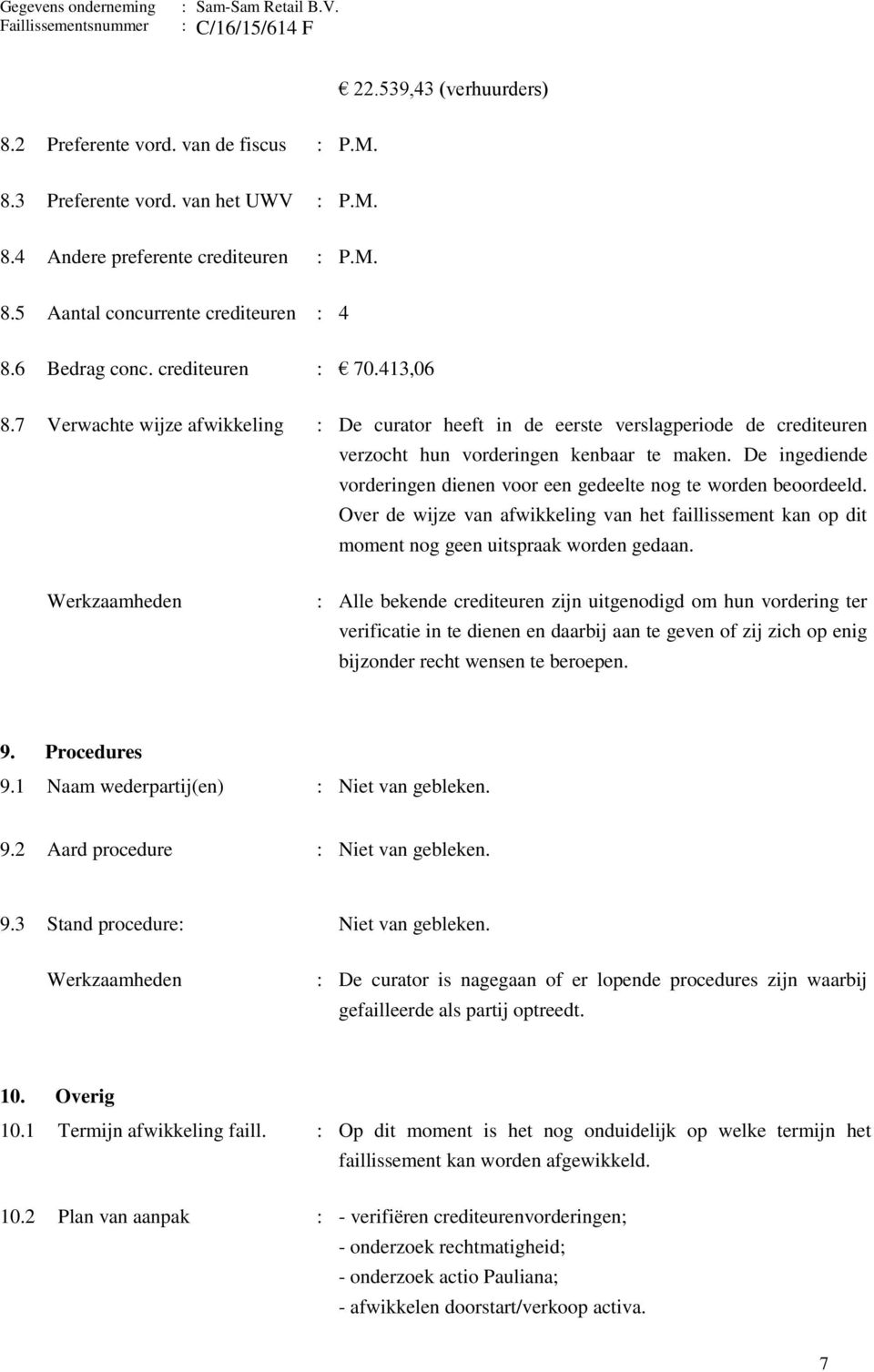 De ingediende vorderingen dienen voor een gedeelte nog te worden beoordeeld. Over de wijze van afwikkeling van het faillissement kan op dit moment nog geen uitspraak worden gedaan.