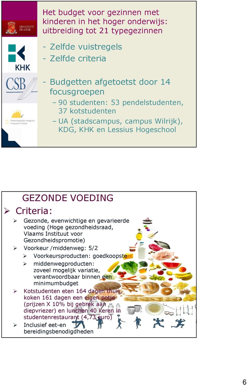 pendelstudenten, 37 kotstudenten UA (stadscampus, campus Wilrijk), KDG, KHK en Lessius Hogeschool GEZONDE VOEDING Criteria: Gezonde, evenwichtige en gevarieerde voeding (Hoge gezondheidsraad,