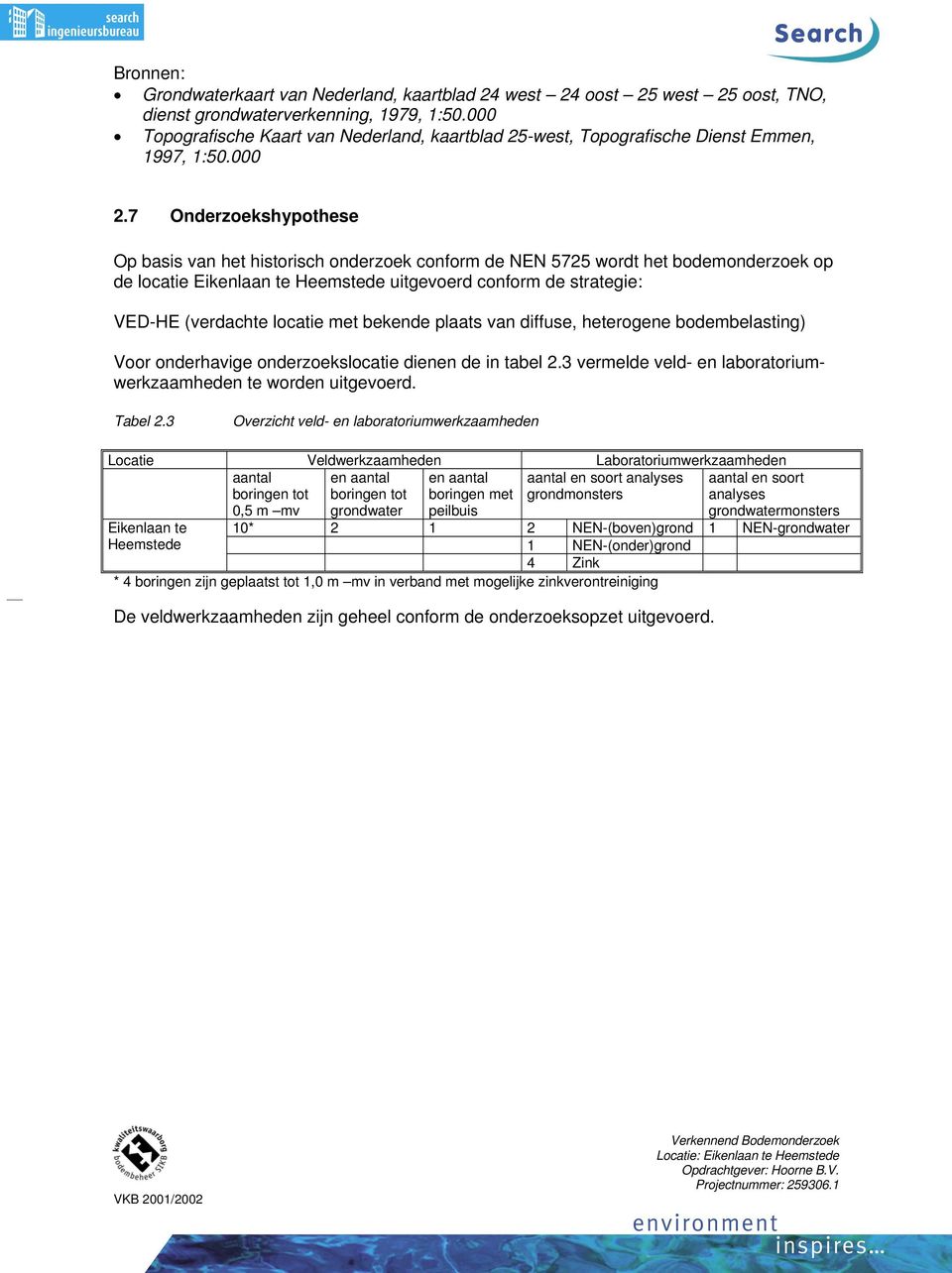 7 Onderzoekshypothese Op basis van het historisch onderzoek conform de NEN 5725 wordt het bodemonderzoek op de locatie Eikenlaan te Heemstede uitgevoerd conform de strategie: VED-HE (verdachte