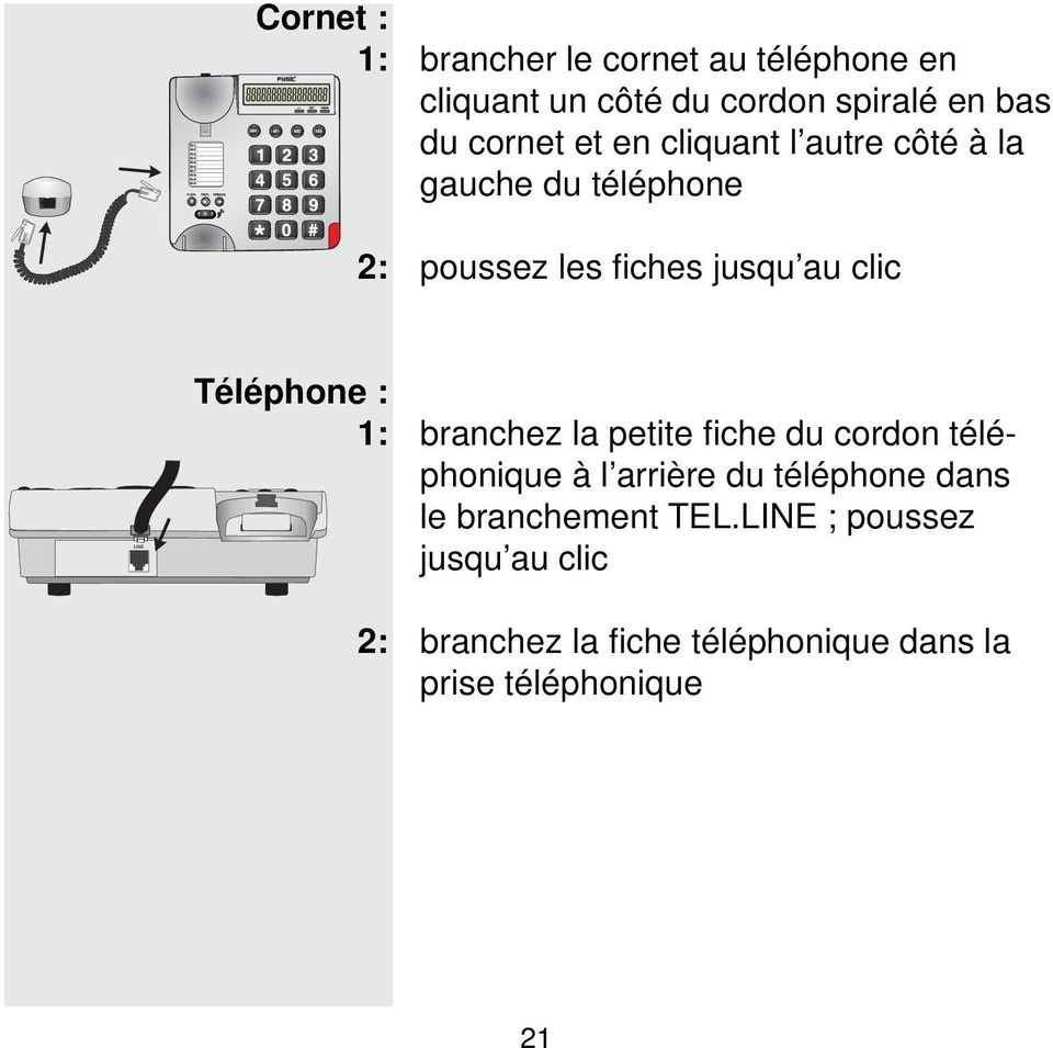 Téléphone : 1: branchez la petite fi che du cordon téléphonique à l arrière du téléphone dans le