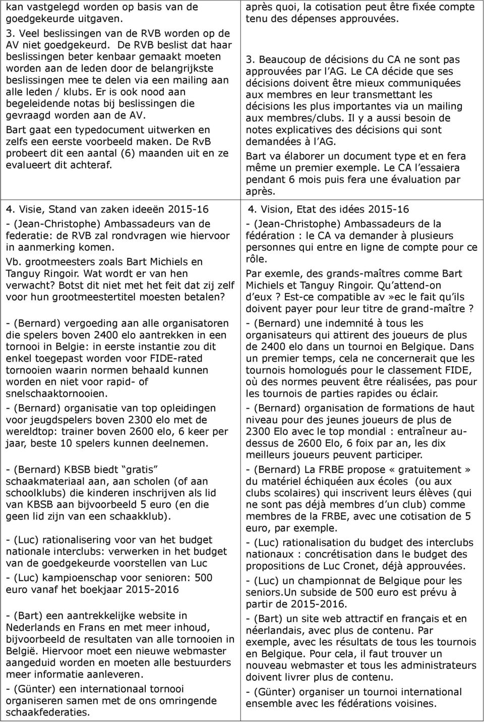 Er is ook nood aan begeleidende notas bij beslissingen die gevraagd worden aan de AV. Bart gaat een typedocument uitwerken en zelfs een eerste voorbeeld maken.