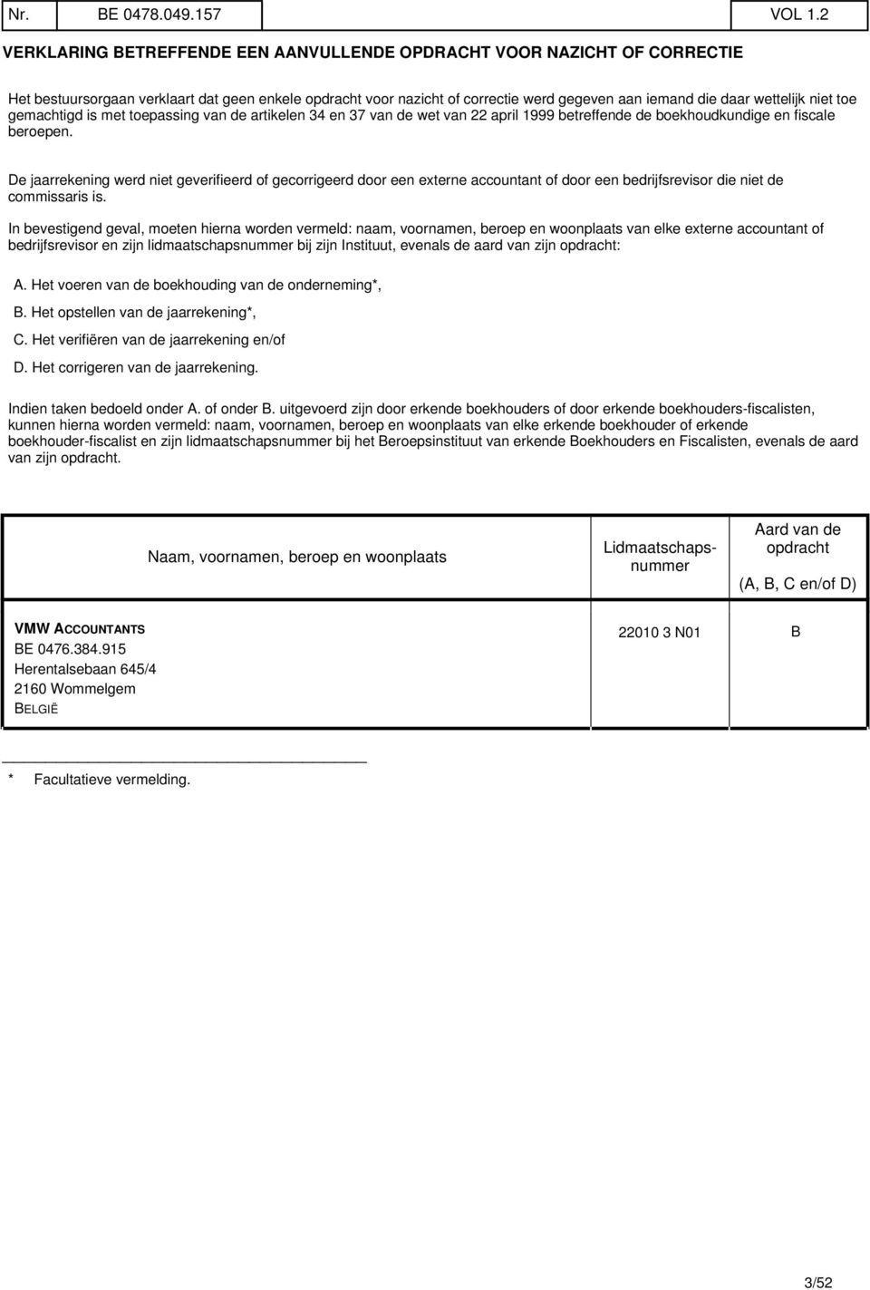 niet toe gemachtigd is met toepassing van de artikelen 34 en 37 van de wet van 22 april 1999 betreffende de boekhoudkundige en fiscale beroepen.