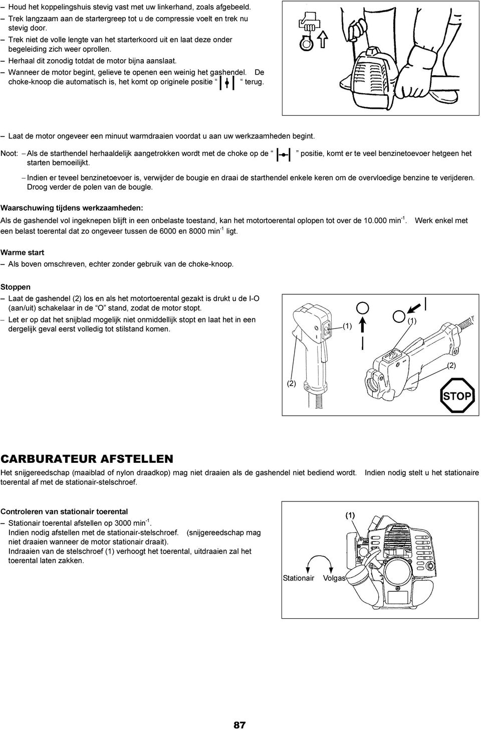 Wanneer de motor begint, gelieve te openen een weinig het gashendel. De choke-knoop die automatisch is, het komt op originele positie terug.