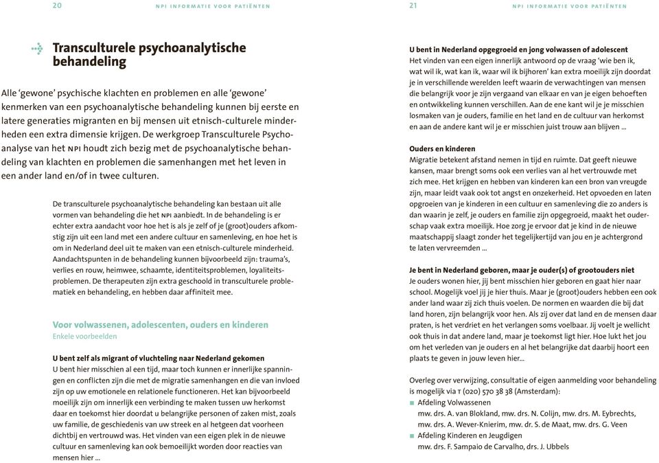 De werkgroep Transculturele Psychoanalyse van het npi houdt zich bezig met de psychoanalytische behandeling van klachten en problemen die samenhangen met het leven in een ander land en/of in twee