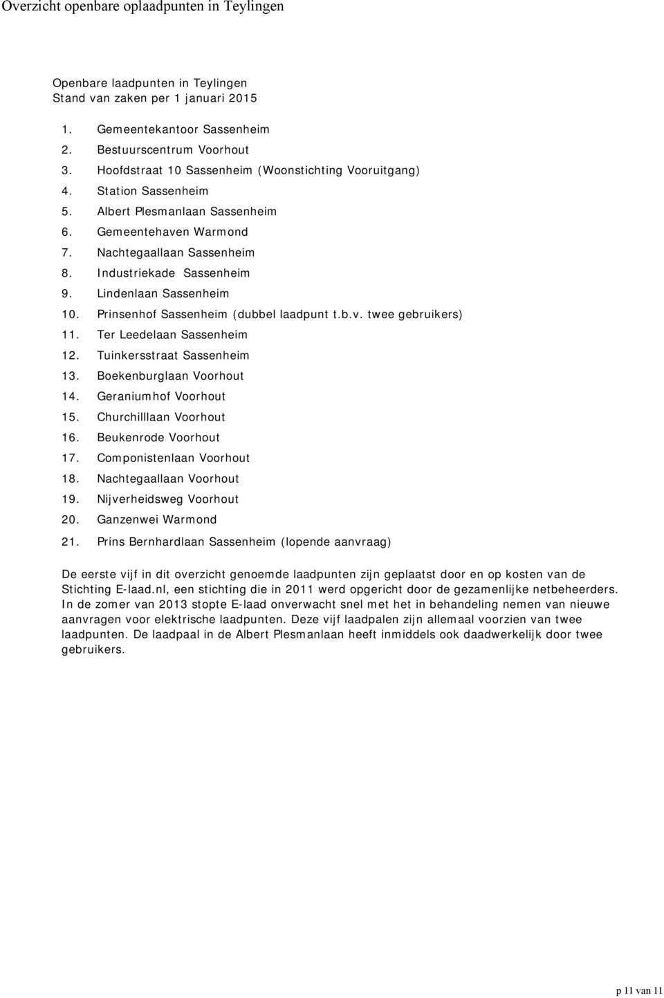 Lindenlaan Sassenheim 10. Prinsenhof Sassenheim (dubbel laadpunt t.b.v. twee gebruikers) 11. Ter Leedelaan Sassenheim 12. Tuinkersstraat Sassenheim 13. Boekenburglaan Voorhout 14.