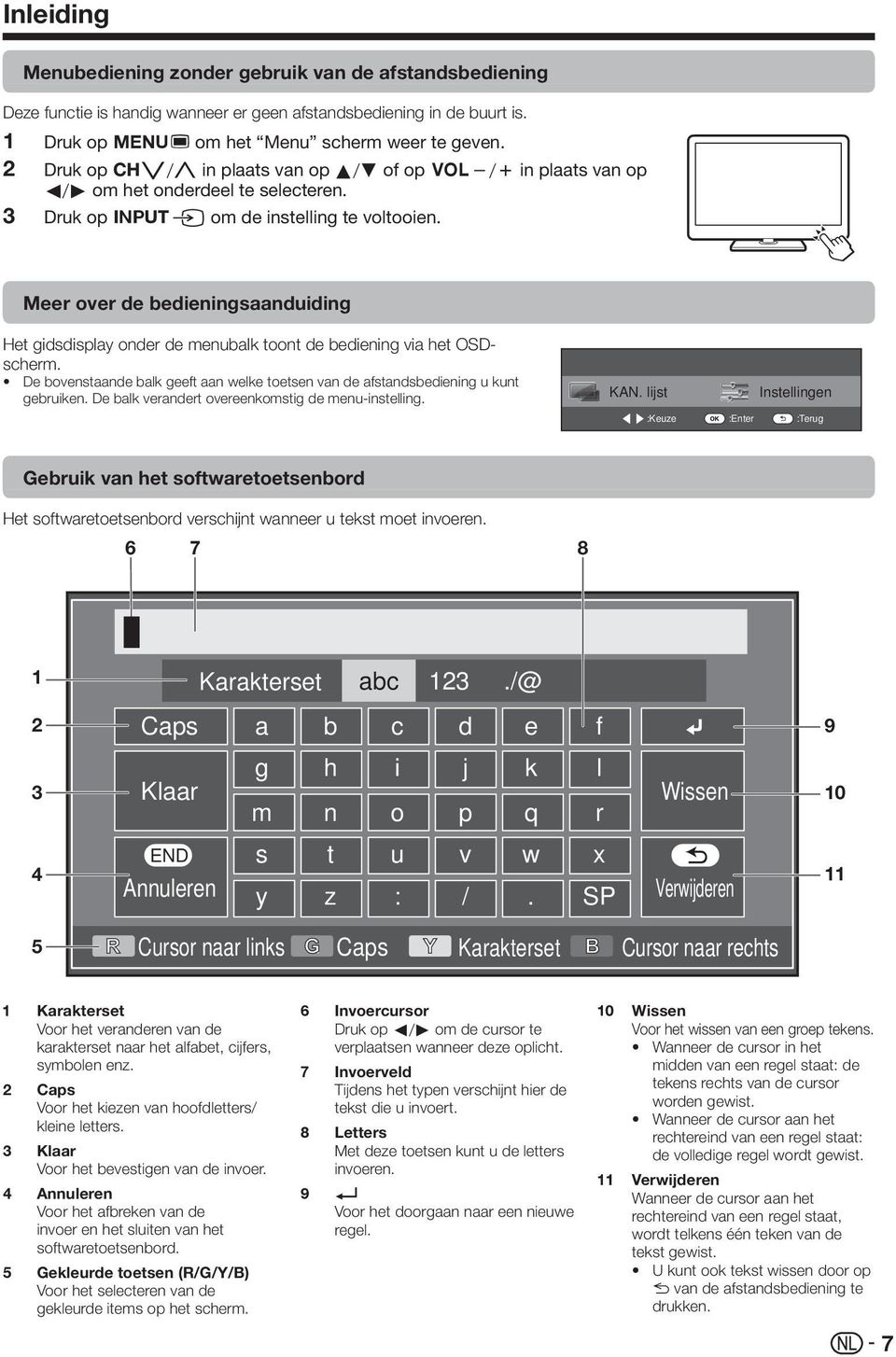 Meer over de bedieningsaanduiding Het gidsdisplay onder de menubalk toont de bediening via het OSDscherm. De bovenstaande balk geeft aan welke toetsen van de afstandsbediening u kunt gebruiken.