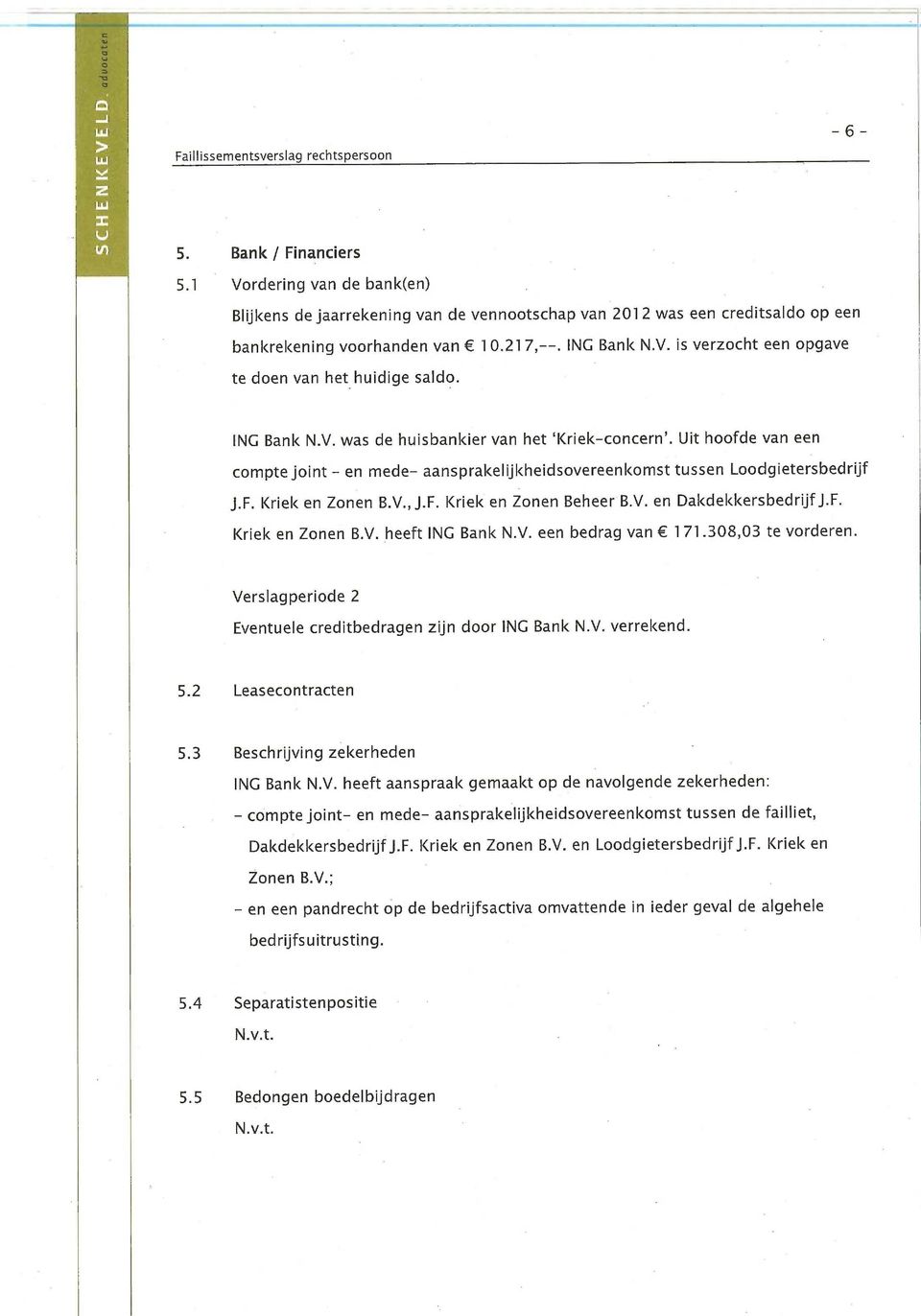 ING Bank N.V. was de huisbankier van het `Kriek-concern'. Uit hoofde van een compte joint - en mede- aansprakelijkheidsovereenkomst tussen Loodgietersbedrijf J.F. Kriek en Zonen B.V., J.F. Kriek en Zonen Beheer B.