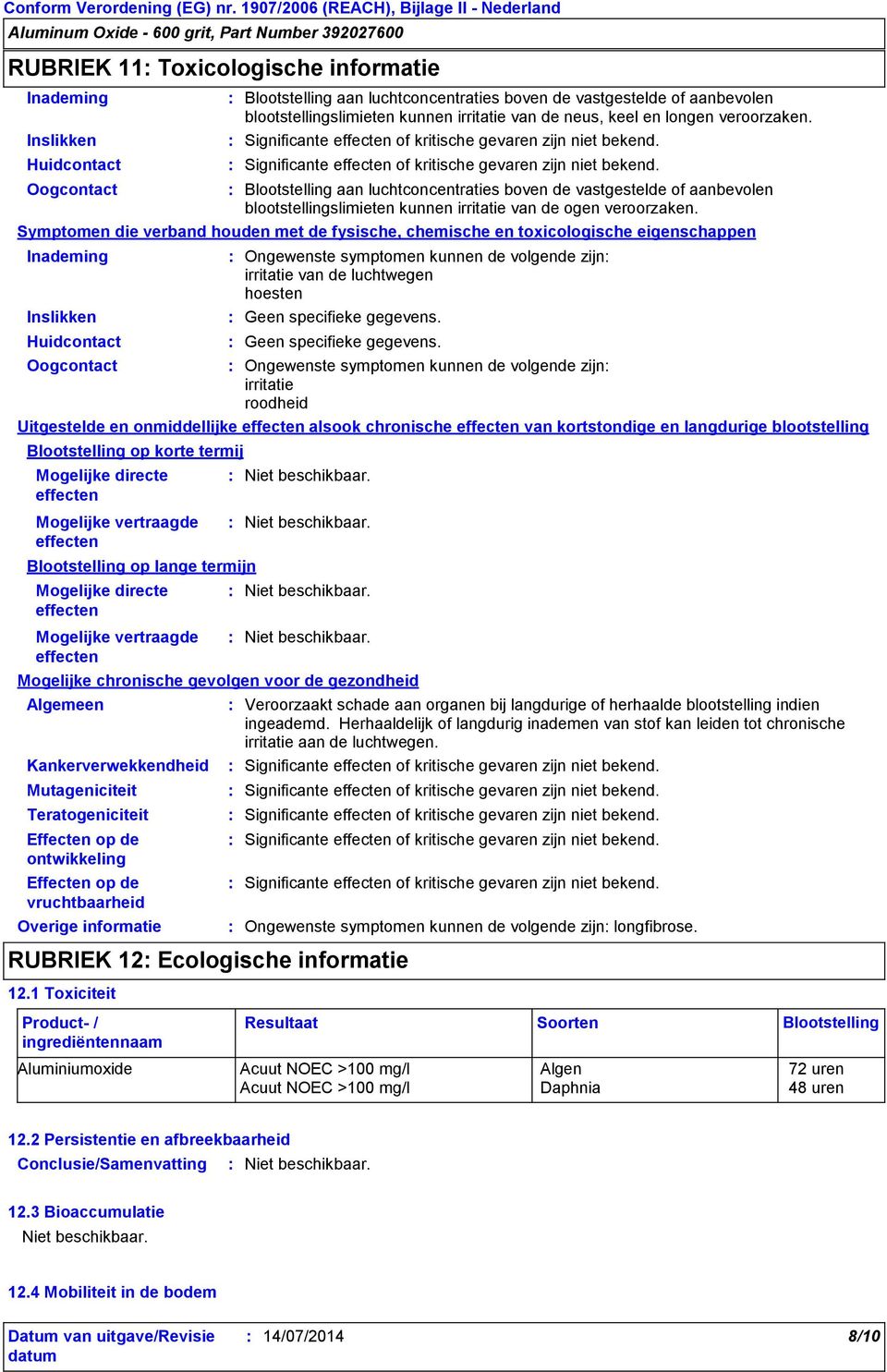 Significante effecten of kritische gevaren zijn niet bekend.