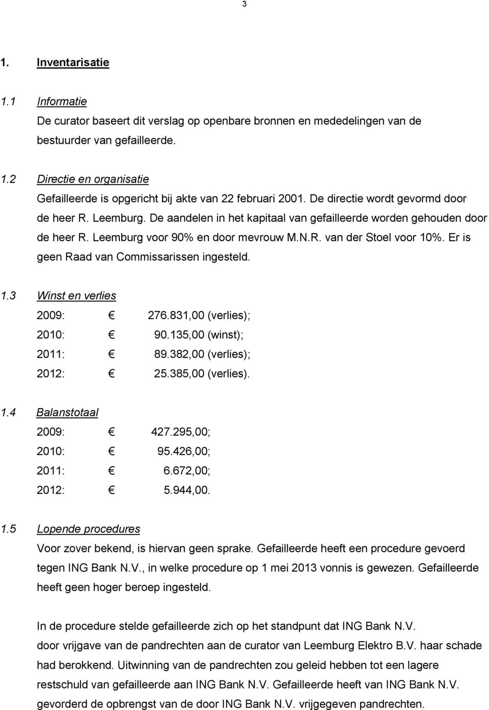 Er is geen Raad van Commissarissen ingesteld. 1.3 Winst en verlies 2009: 276.831,00 (verlies); 2010: 90.135,00 (winst); 2011: 89.382,00 (verlies); 2012: 25.385,00 (verlies). 1.4 Balanstotaal 2009: 427.