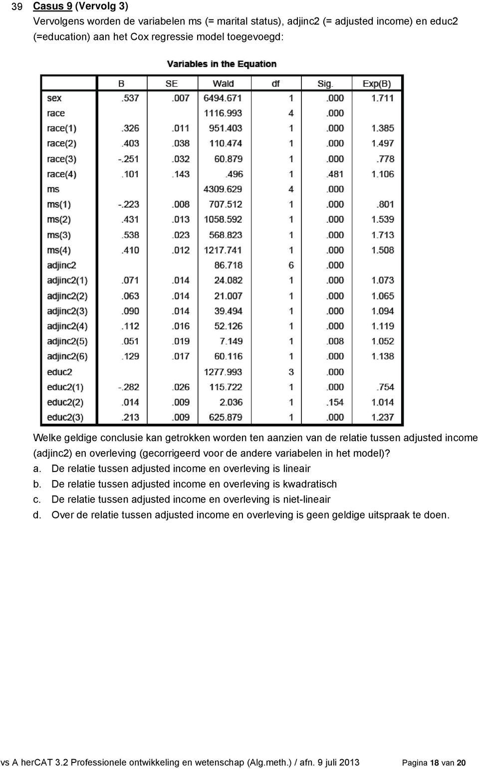 De relatie tussen adjusted income en overleving is kwadratisch c. De relatie tussen adjusted income en overleving is niet-lineair d.