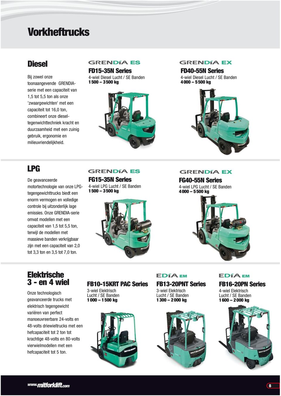 S FD15-35N Series 4-wiel Diesel Lucht / SE Banden 1500 3500 kg FD40-55N Series 4-wiel Diesel Lucht / SE Banden 4000 5500 kg LPG De geavanceerde motortechnologie van onze LPGtegengewichttrucks biedt