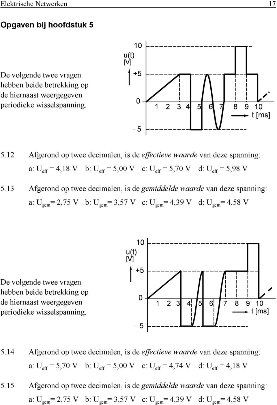 hiernaast weergegeven periodieke wisselspanning. 5.14 Afgerond op twee decimalen, is de effectieve waarde van deze spanning: a: U eff = 5,70 V b: U eff = 5,00 V c: U eff = 4,74 V d: U eff = 4,18 V 5.