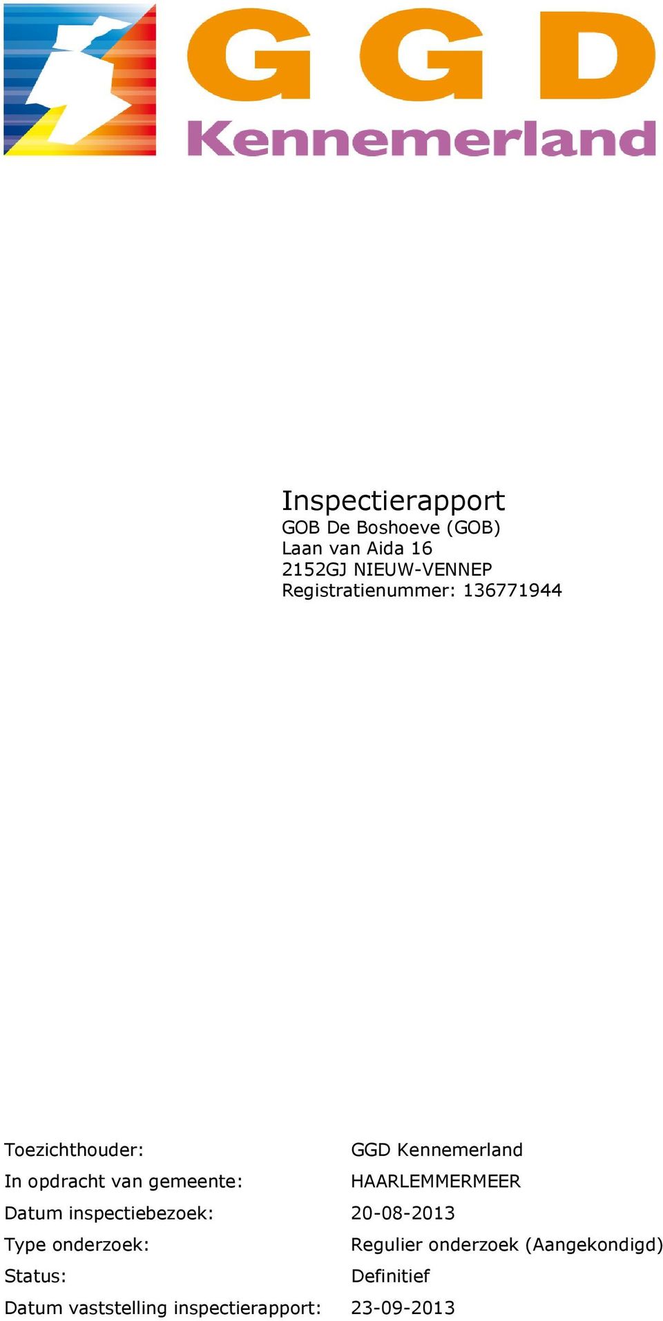 gemeente: HAARLEMMERMEER Datum inspectiebezoek: 20-08-2013 Type onderzoek :