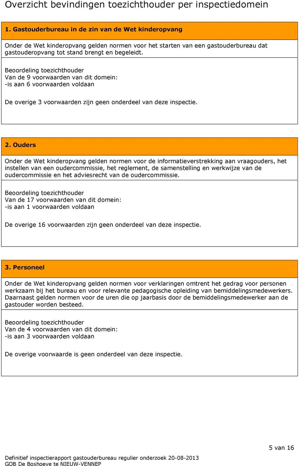 Beoordeling toezichthouder Van de 9 voorwaarden van dit domein: -is aan 6 voorwaarden voldaan De overige 3 voorwaarden zijn geen onderdeel van deze inspectie. 2.