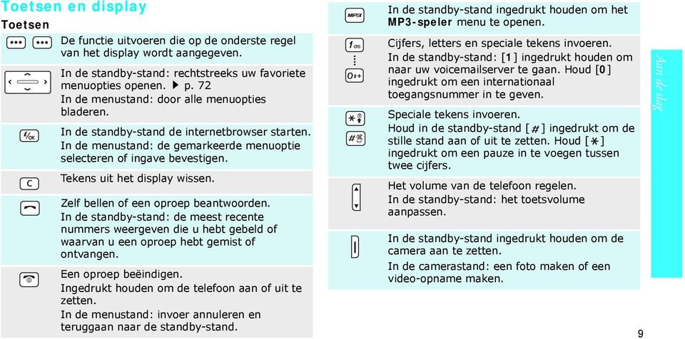 Tekens uit het display wissen. Zelf bellen of een oproep beantwoorden. In de standby-stand: de meest recente nummers weergeven die u hebt gebeld of waarvan u een oproep hebt gemist of ontvangen.